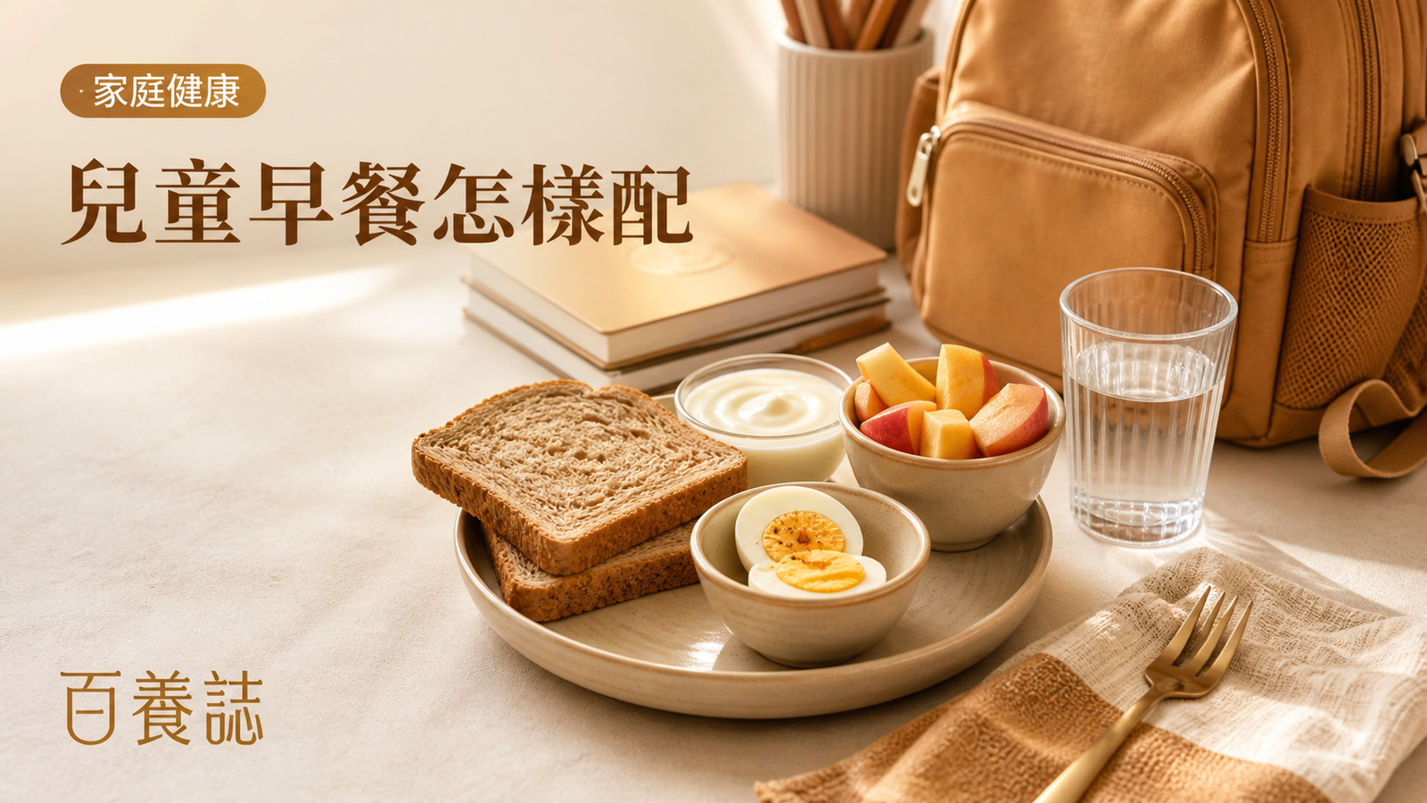 金銅啡米白全麥多士、熟蛋、原味乳酪、水果、水杯與書包封面，文字為家庭健康、兒童早餐怎樣配、百養誌