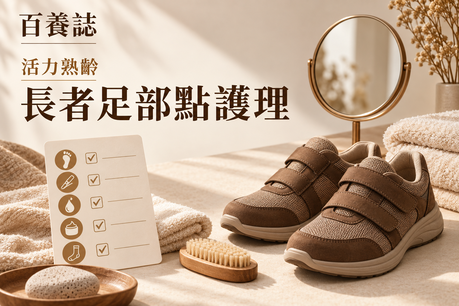 金銅啡米白長者足部、鏡子、合腳鞋襪與每日檢查圖示封面,文字為活力熟齡、長者足部點護理、百養誌