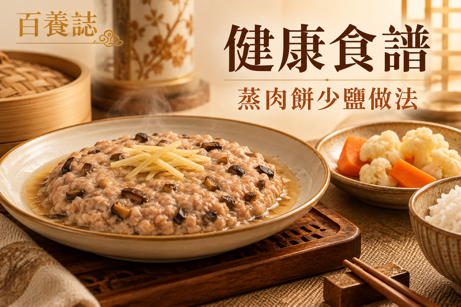 金銅啡米白家常蒸肉餅、冬菇、薑、洋葱與少量調味圖示封面，文字為健康食譜、蒸肉餅少鹽做法、百養誌
