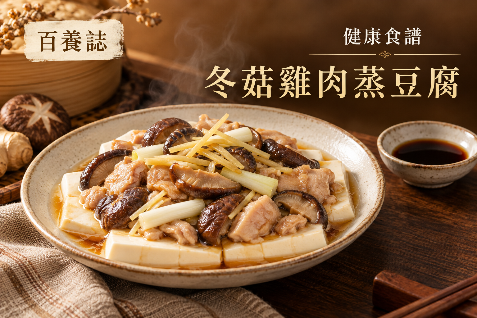 金銅啡米白冬菇雞肉蒸豆腐、薑絲與少量豉油封面，文字為健康食譜、冬菇雞肉蒸豆腐、百養誌