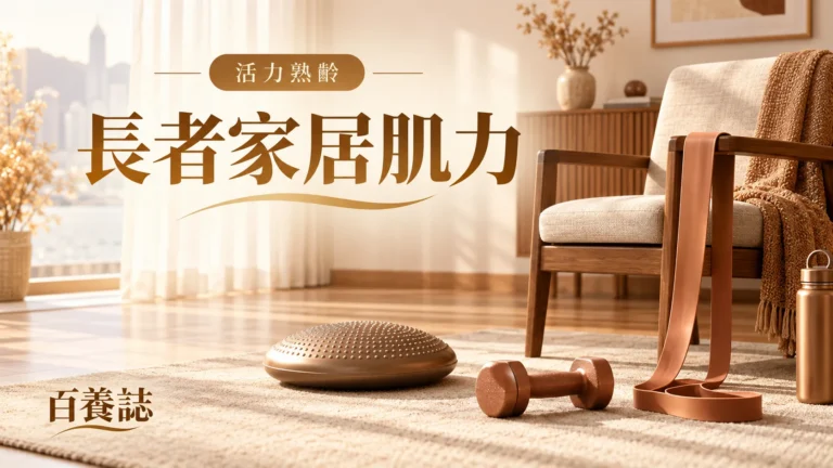 金銅啡米白穩固椅子、彈力帶、牆壁掌上壓和提踵圖示封面，文字為活力熟齡、長者家居肌力、百養誌