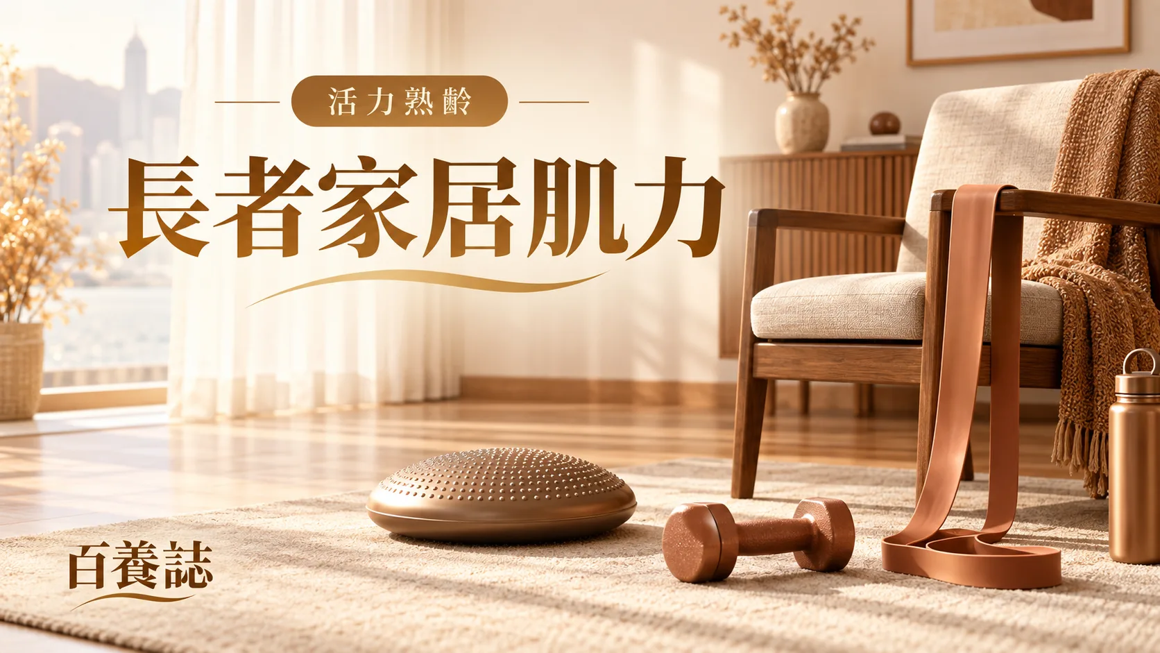 金銅啡米白穩固椅子、彈力帶、牆壁掌上壓和提踵圖示封面,文字為活力熟齡、長者家居肌力、百養誌