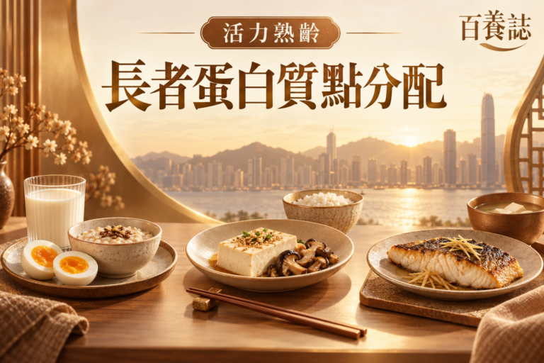 金銅啡米白早餐雞蛋燕麥、午餐豆腐和晚餐魚三餐封面，文字為活力熟齡、長者蛋白質點分配、百養誌