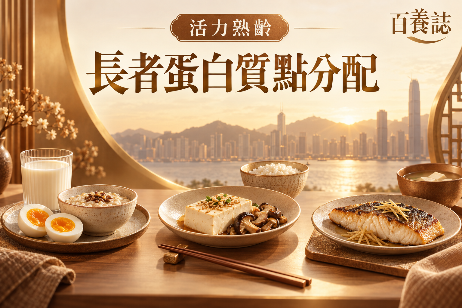金銅啡米白早餐雞蛋燕麥、午餐豆腐和晚餐魚三餐封面,文字為活力熟齡、長者蛋白質點分配、百養誌