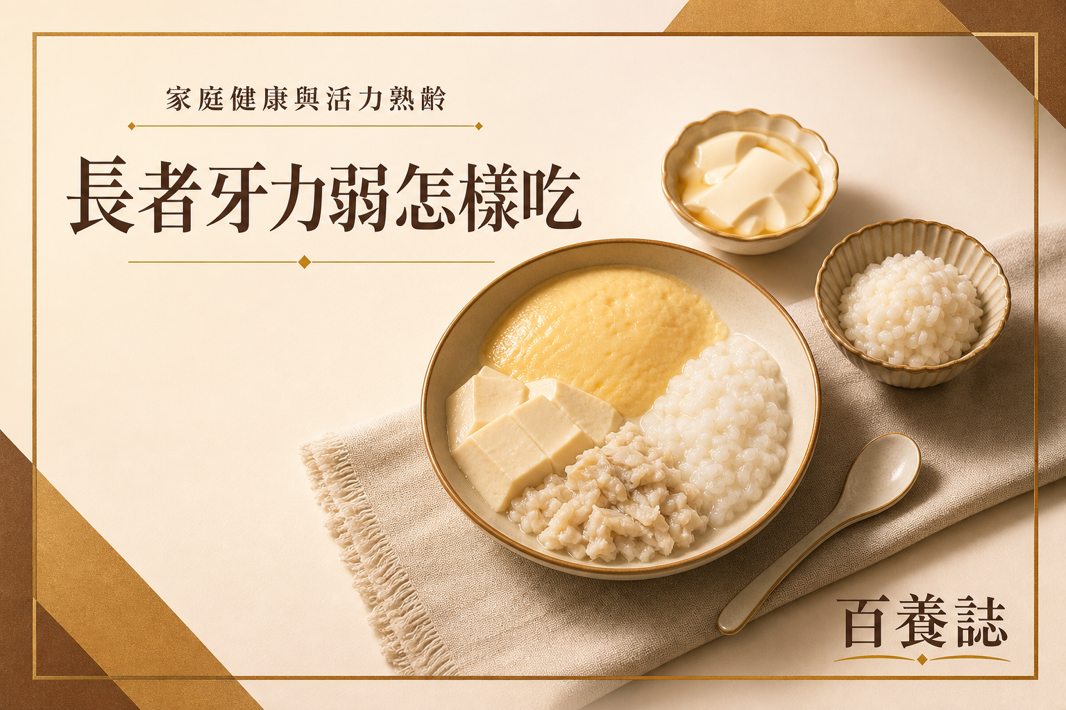 金銅啡米白色柔軟蒸蛋、豆腐、碎魚與軟餐餐具，文字為家庭健康與活力熟齡、長者牙力弱怎樣吃、百養誌