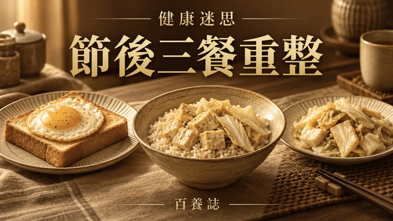 金銅啡米白日常三餐餐盤封面,文字為健康迷思、節後三餐重整、百養誌