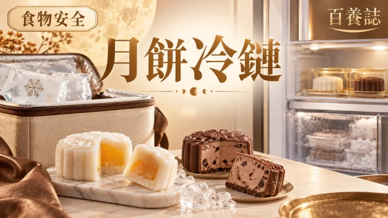 金銅啡米白冰皮與雪糕月餅、保冷箱及溫度示意封面，文字為食物安全、月餅冷鏈、百養誌