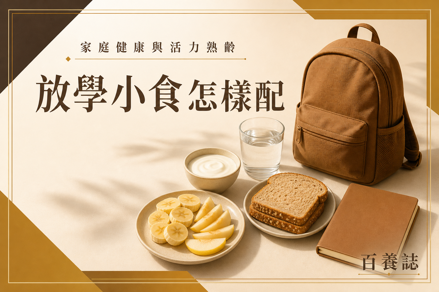 金銅啡米白色水果、原味乳酪、全麥麵包與放學書包，文字為家庭健康與活力熟齡、放學小食怎樣配、百養誌