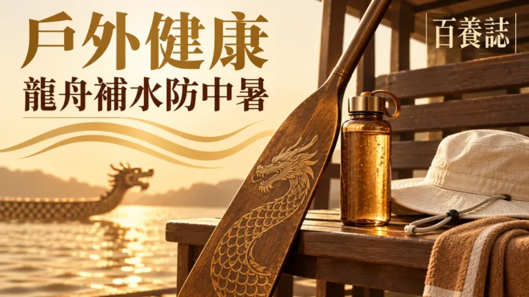 金銅啡米白龍舟槳、水樽、遮蔭與警號封面，文字為戶外健康、龍舟補水防中暑、百養誌