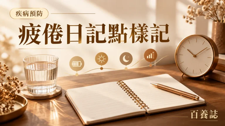 金銅啡米白疲倦日記、時鐘、睡眠、活動和症狀圖示封面，文字為疾病預防、疲倦日記點樣記、百養誌