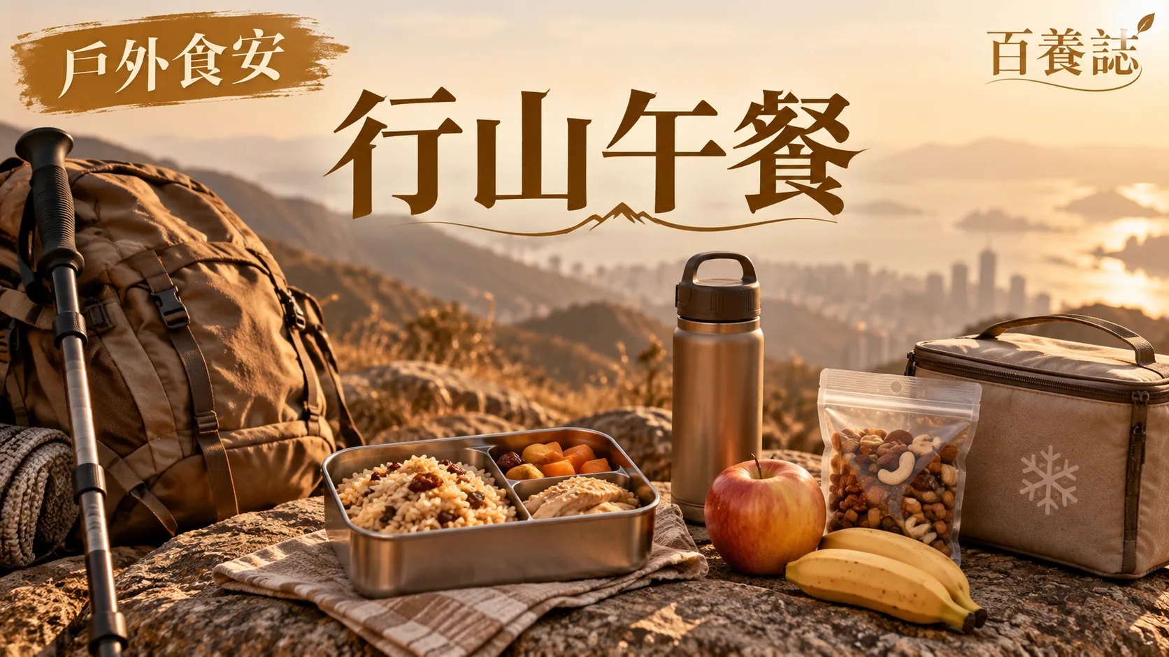 金銅啡米白行山背包午餐盒冰種與完整水果封面，文字為戶外食安、行山午餐、百養誌