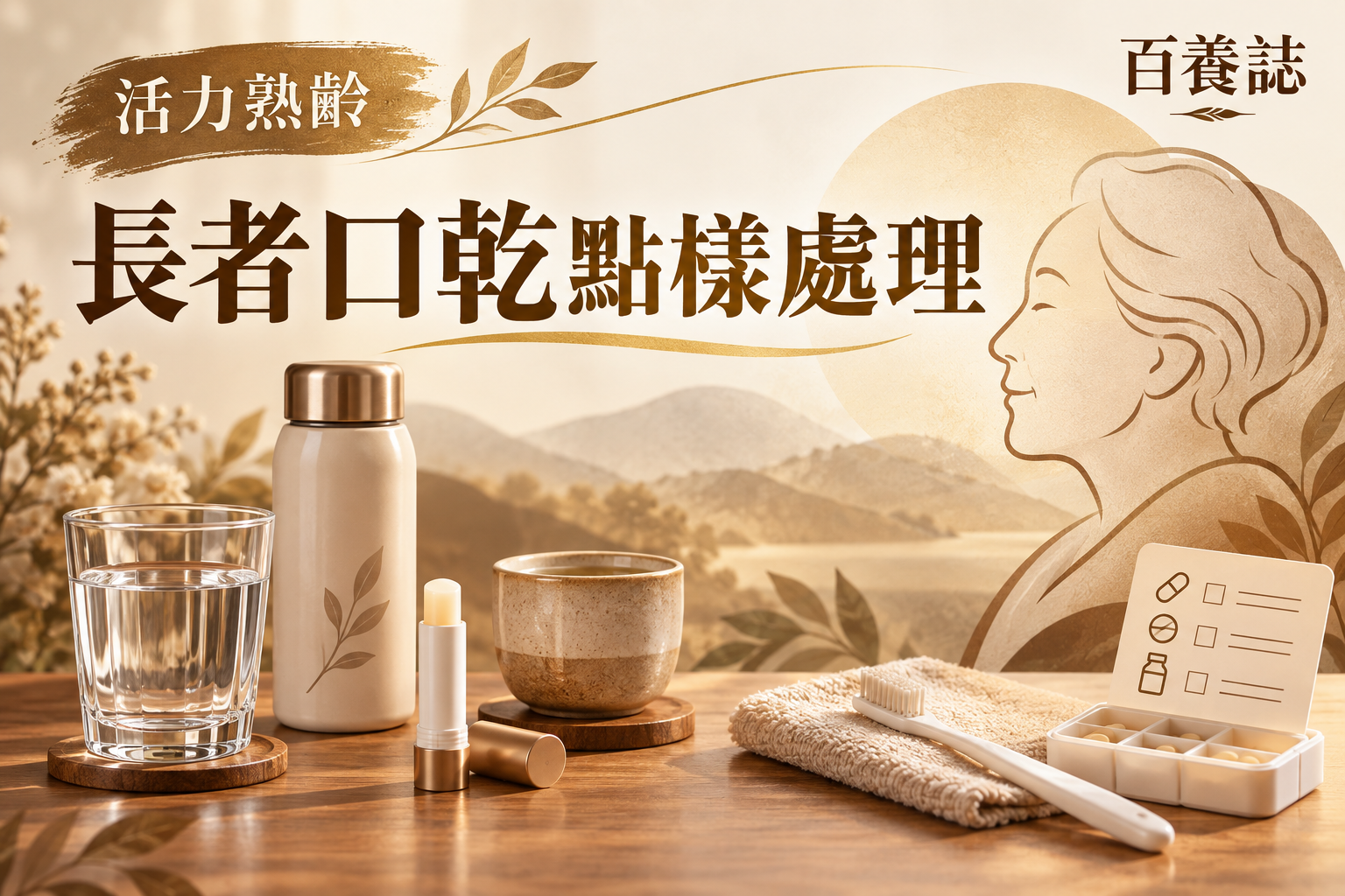 金銅啡米白水杯、無糖飲品、唇膏、牙刷、藥物清單與長者線稿封面，文字為活力熟齡、長者口乾點樣處理、百養誌