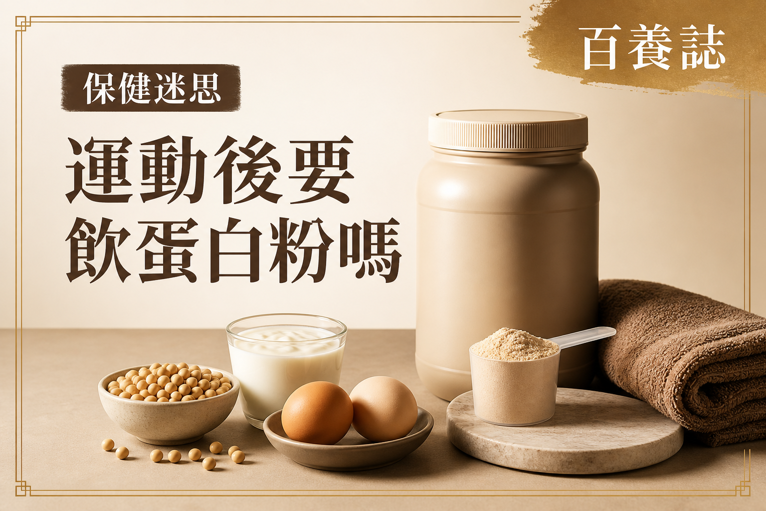 金銅啡米白色無品牌蛋白粉罐、量匙、蛋、豆和乳酪封面，文字為保健迷思、運動後要飲蛋白粉嗎、百養誌