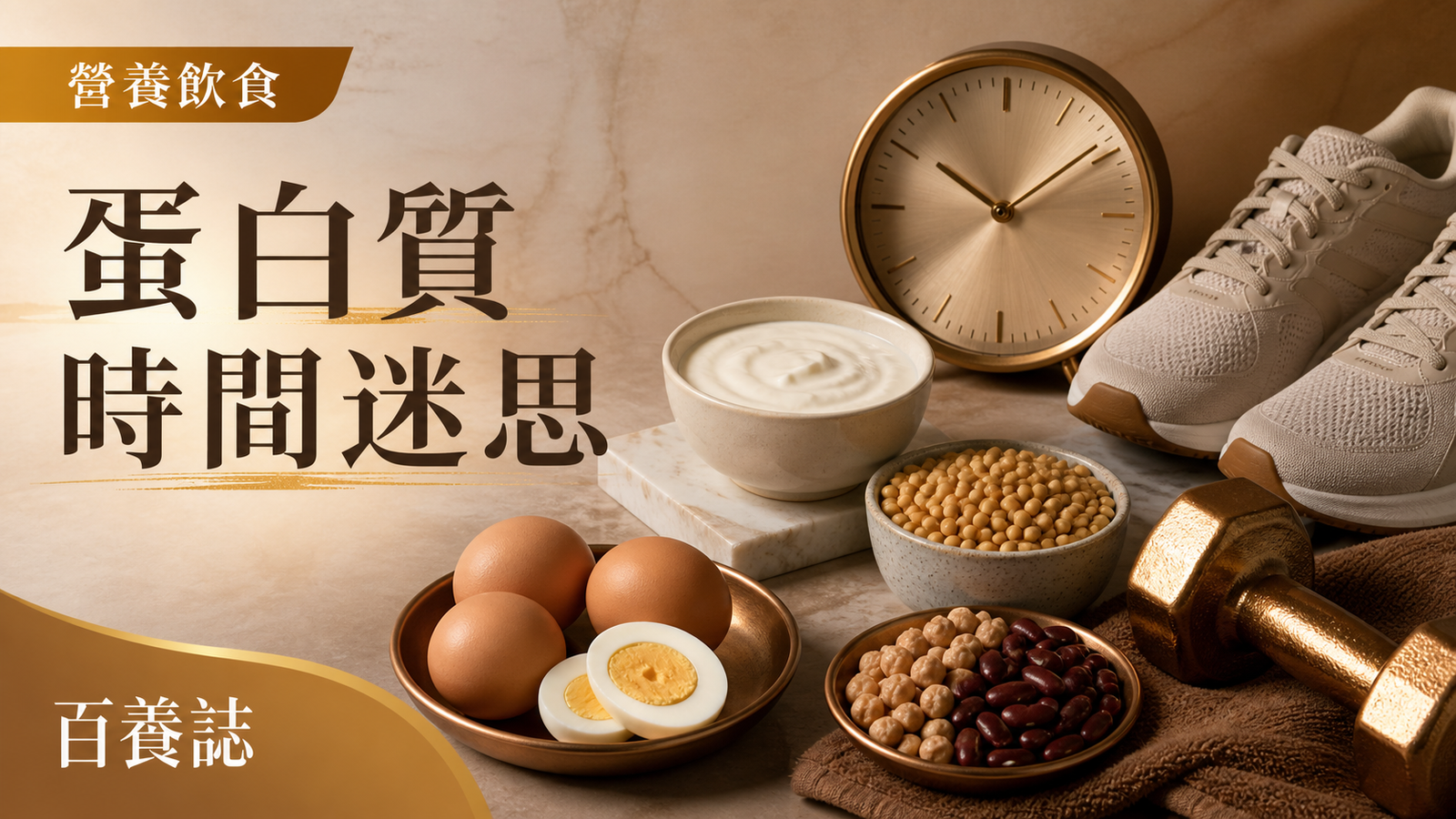 金銅啡米白運動鞋、啞鈴、時鐘、雞蛋、乳酪與豆類封面，文字為營養飲食、蛋白質時間迷思、百養誌