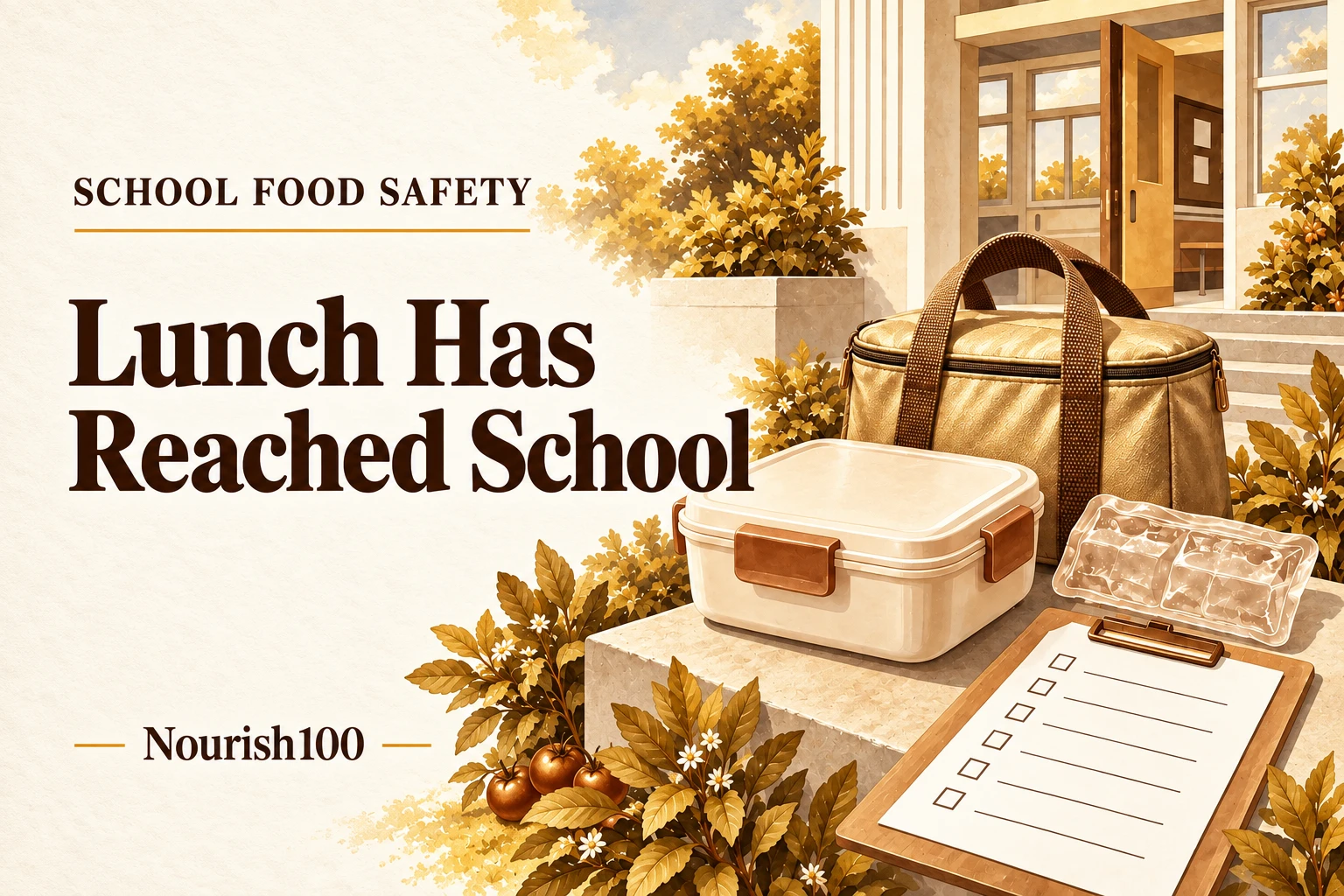 A warm gold insulated bag, copper lunch box and blank checklist illustrate arrangements for storing a packed lunch at school.