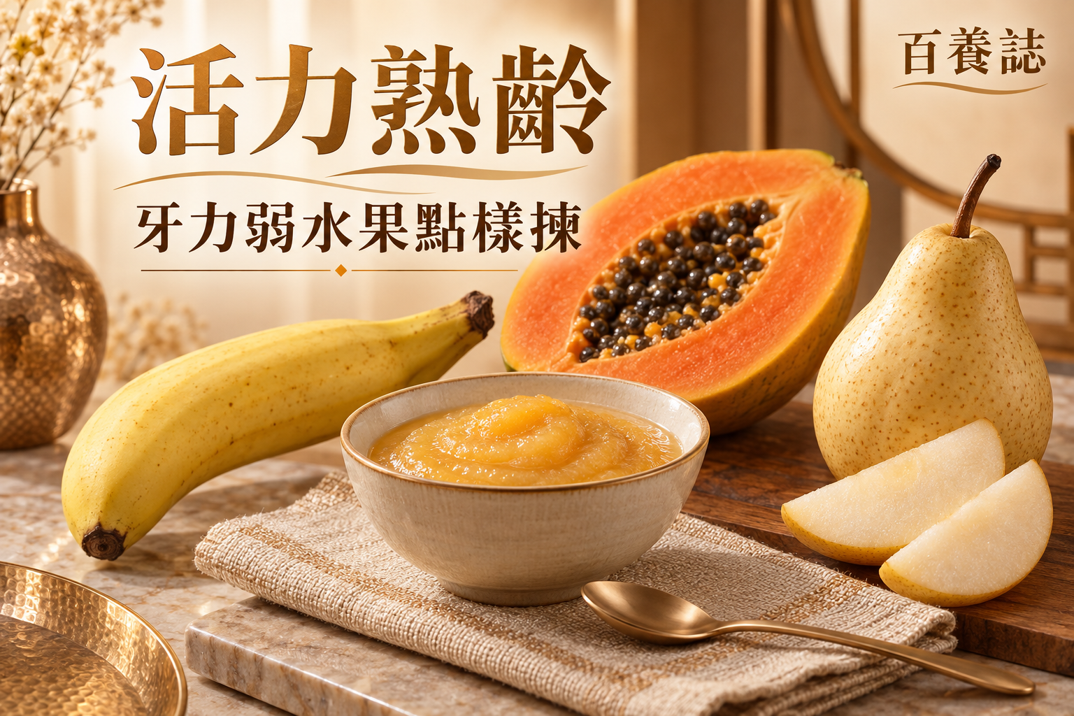 金銅啡米白成熟香蕉、木瓜、奇異果、軟梨與細切碟封面，文字為活力熟齡、牙力弱水果點樣揀、百養誌