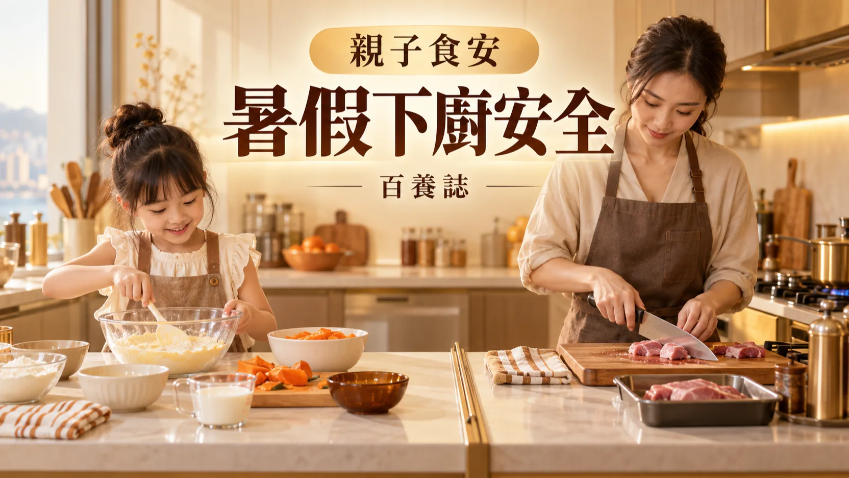 親子在米白廚房分區備餐,成人處理肉類,孩子攪拌蔬菜