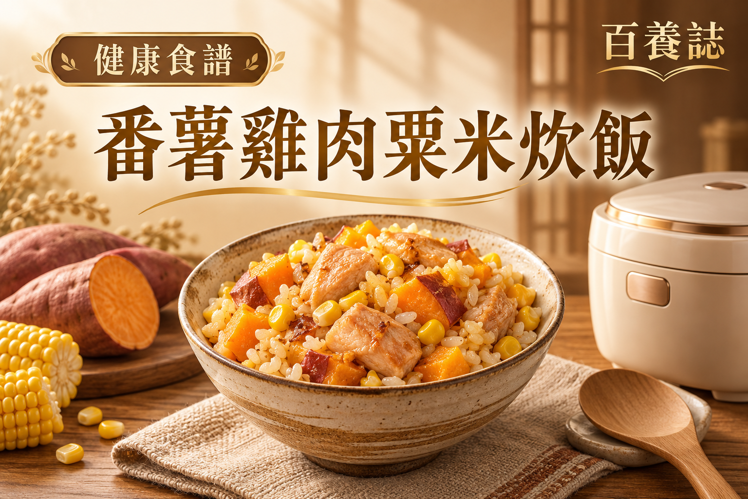 金銅啡米白番薯雞肉粟米炊飯、電飯煲和木匙封面，文字為健康食譜、番薯雞肉粟米炊飯、百養誌