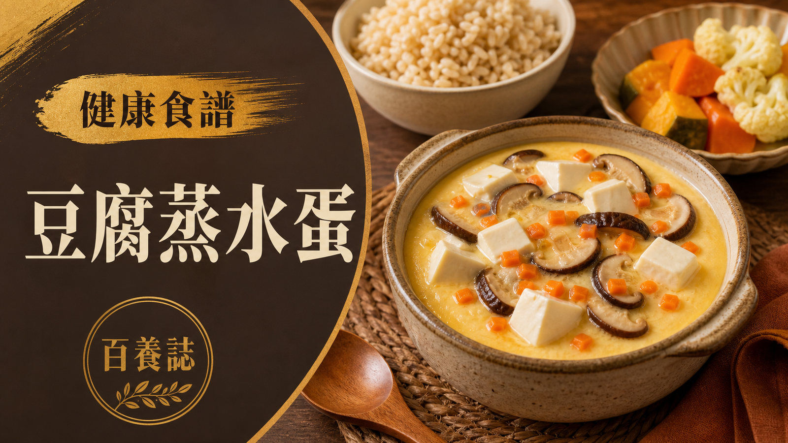 豆腐、菇菌和甘筍蒸水蛋配糙米及熟蔬菜，旁有百養誌豆腐蒸水蛋標題