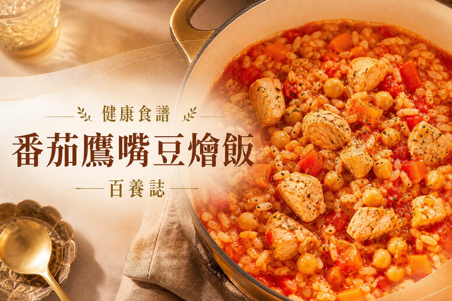 金銅啡米白與番茄暖紅色一鍋鷹嘴豆雞肉燴飯封面，文字為健康食譜、番茄鷹嘴豆燴飯、百養誌