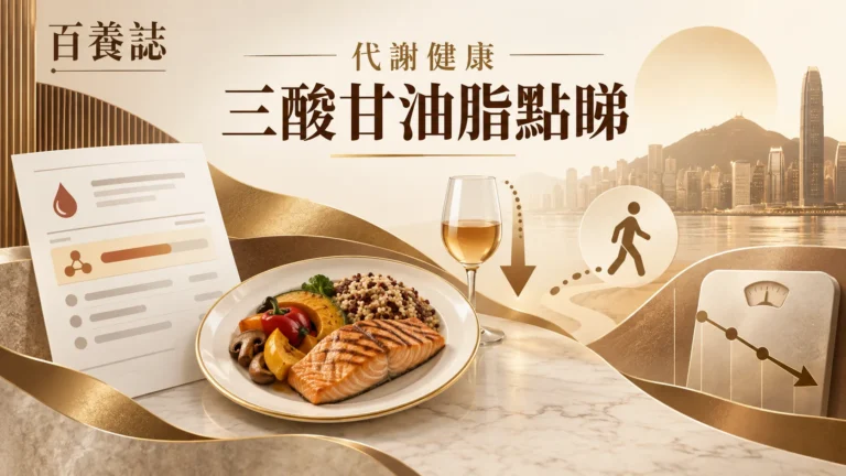 金銅啡米白血脂報告、三酸甘油脂標記、餐盤與步行圖示封面，文字為代謝健康、三酸甘油脂點睇、百養誌
