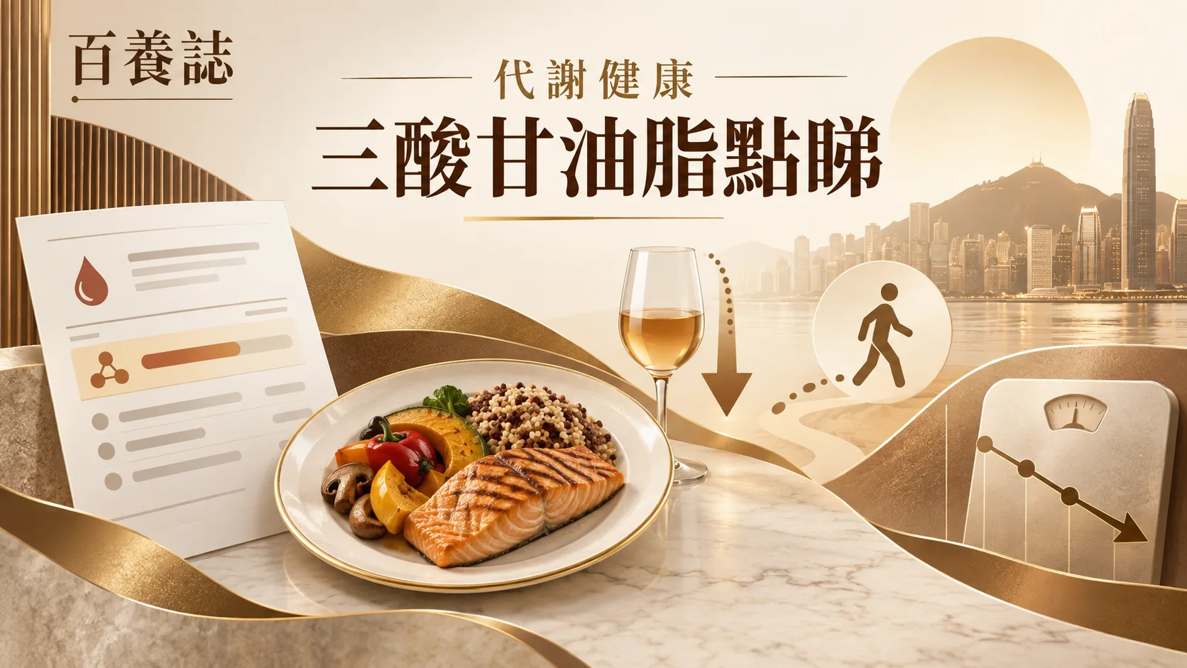金銅啡米白血脂報告、三酸甘油脂標記、餐盤與步行圖示封面，文字為代謝健康、三酸甘油脂點睇、百養誌