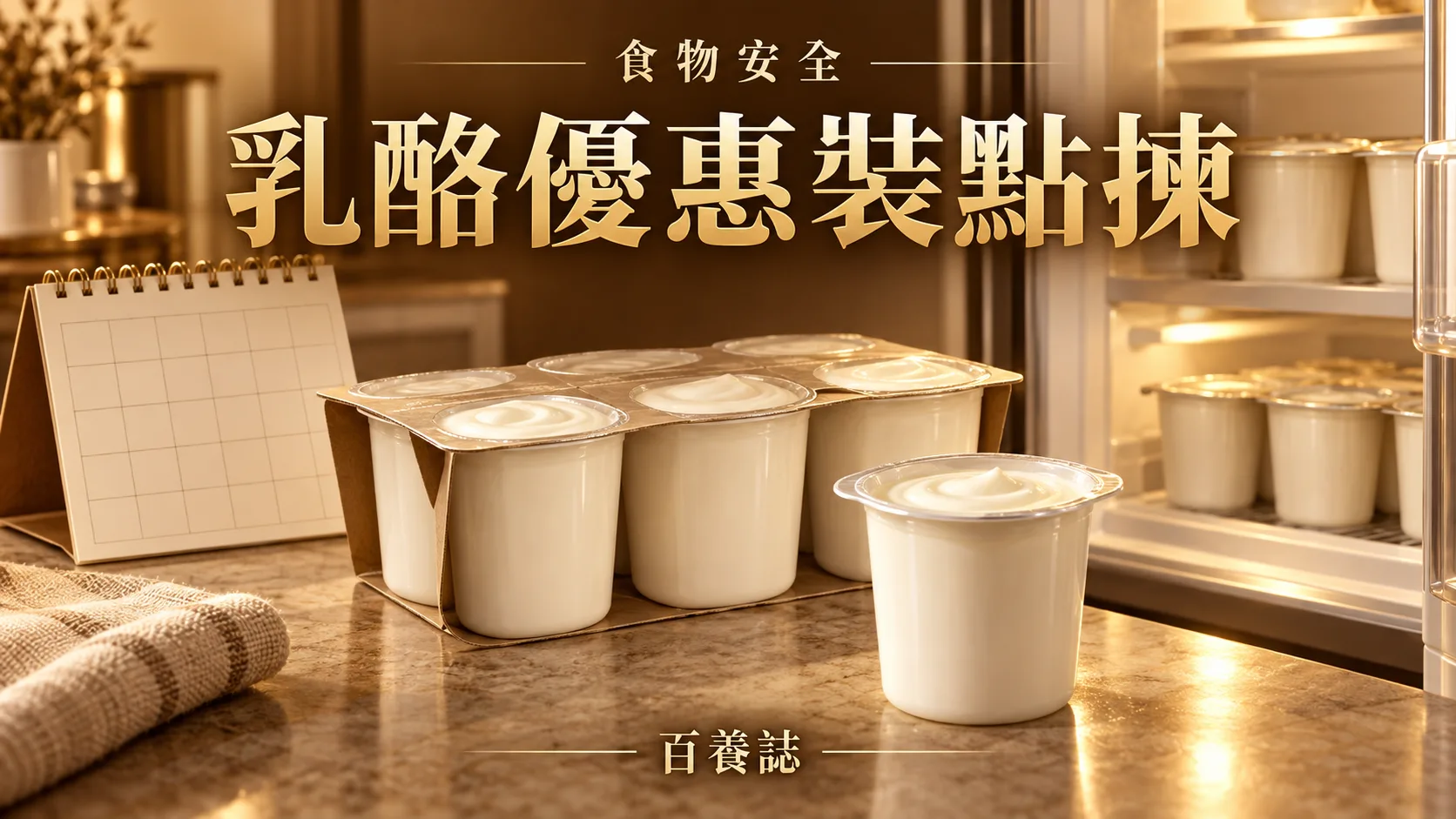 金銅啡米白超市乳酪優惠裝與雪櫃封面,文字為食物安全、乳酪優惠裝點揀、百養誌