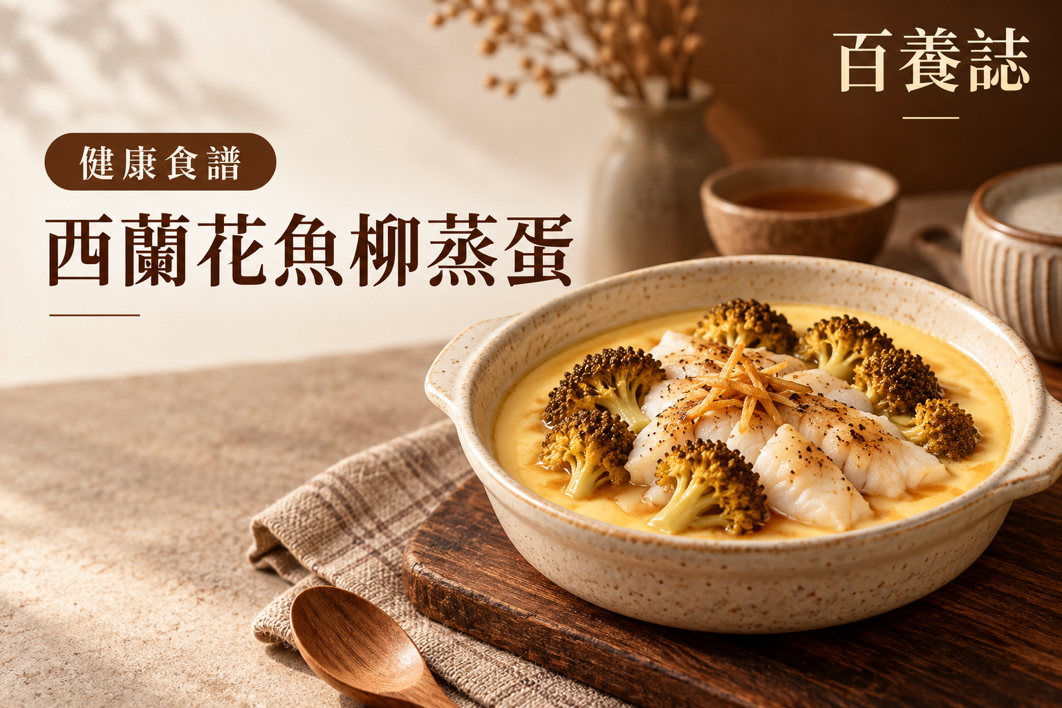 金銅啡米白西蘭花、魚柳、蒸蛋與少鹽食安圖示封面，文字為健康食譜、西蘭花魚柳蒸蛋、百養誌