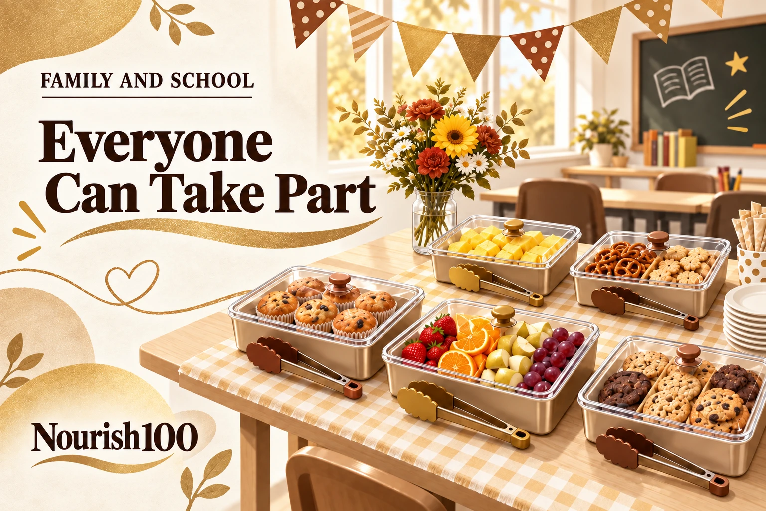 Separate food trays and serving tongs beneath warm gold bunting illustrate a class celebration; the illustration does not establish that foods are allergen-free.