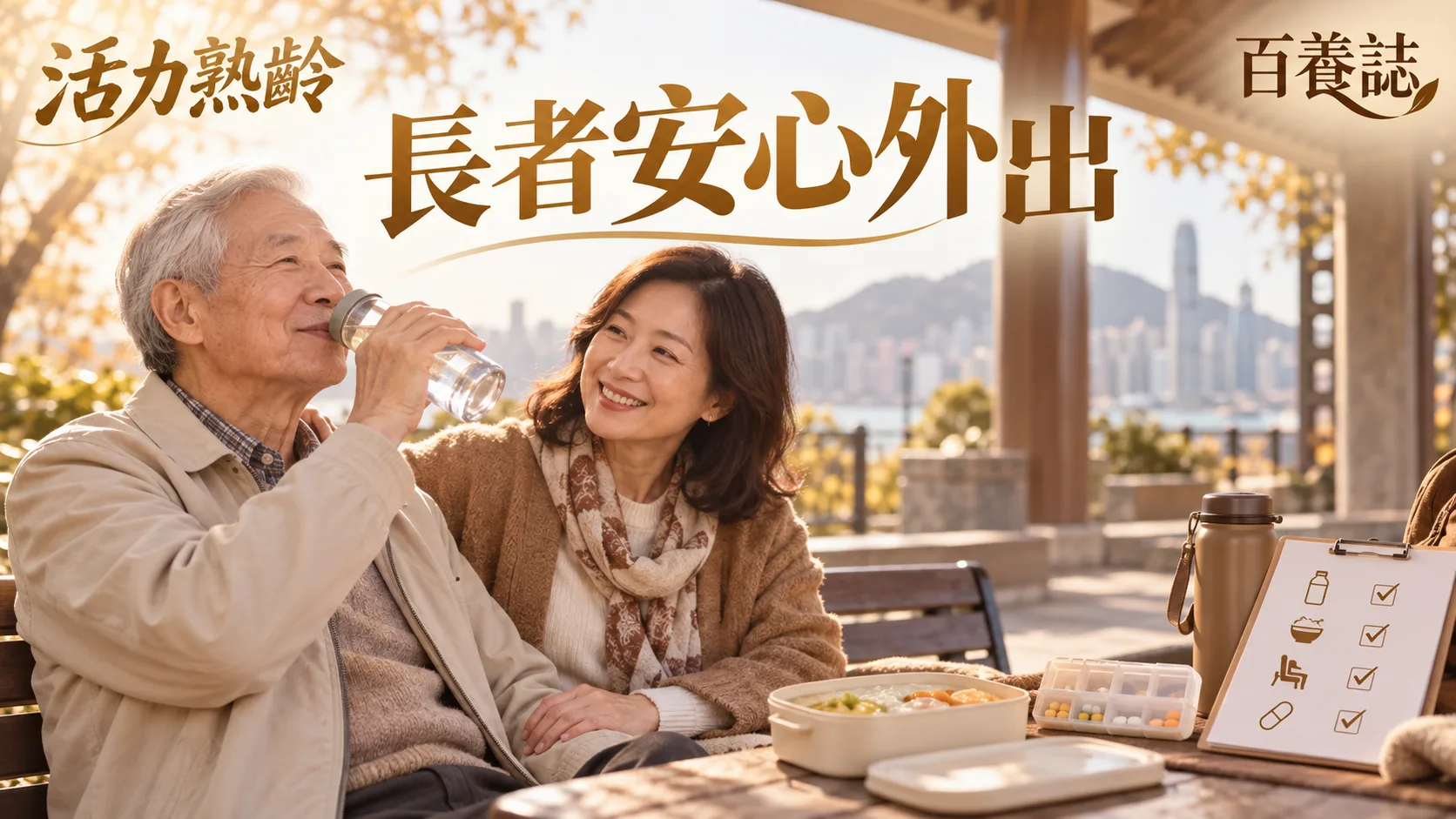 金銅啡米白長者與家人休息飲水及軟餐盒封面，文字為活力熟齡、長者安心外出、百養誌