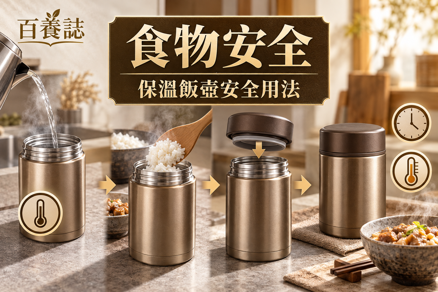 金銅啡米白保溫飯壺、滾水預熱、熱食、密封蓋、時鐘與溫度圖示封面，文字為食物安全、保溫飯壺安全用法、百養誌