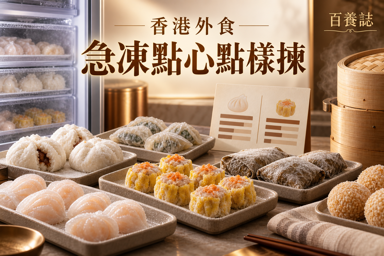 金銅啡米白急凍燒賣、餃子、包點、蒸籠與標籤圖示封面，文字為香港外食、急凍點心點樣揀、百養誌