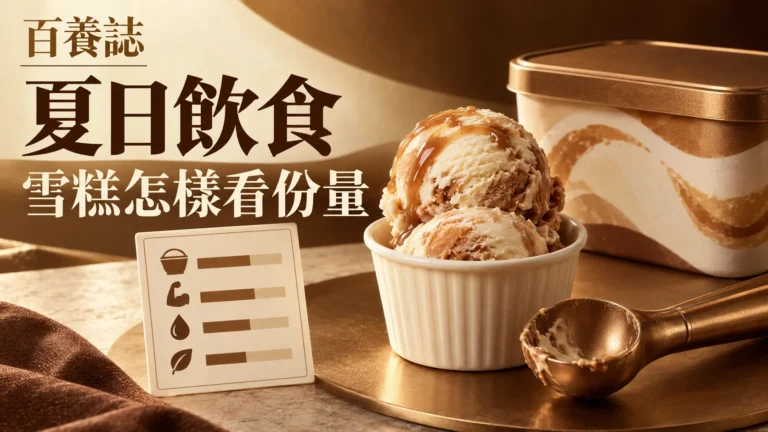 金銅啡米白雪糕杯、量勺與營養標籤封面，文字為夏日飲食、雪糕怎樣看份量、百養誌