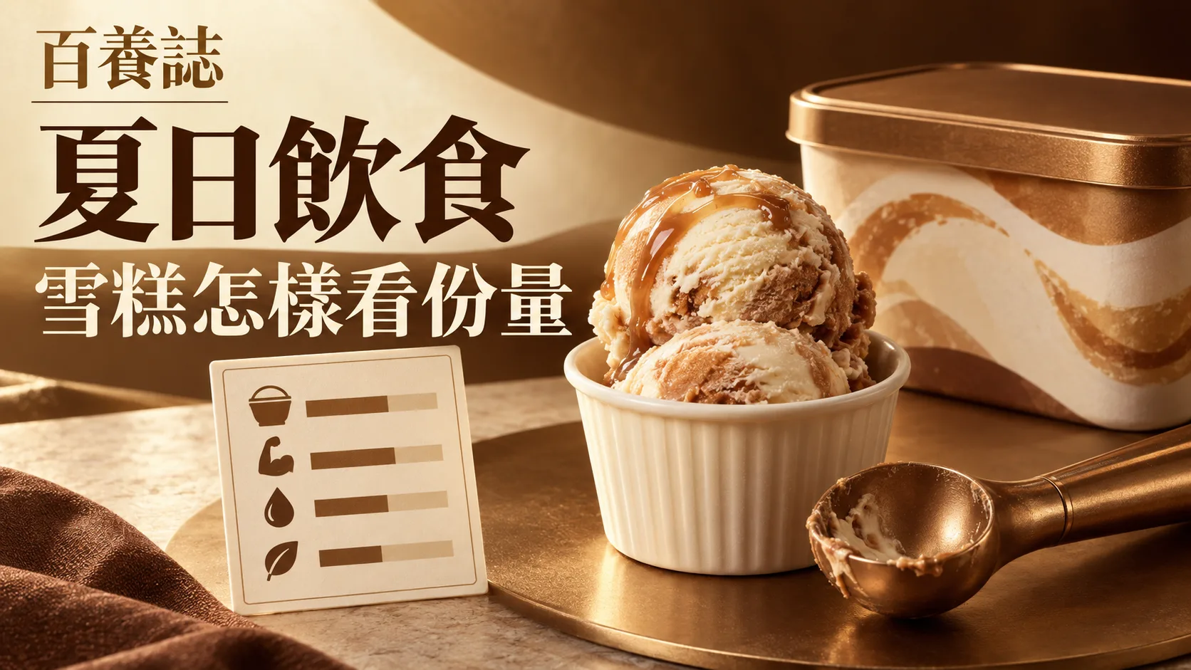 金銅啡米白雪糕杯、量勺與營養標籤封面,文字為夏日飲食、雪糕怎樣看份量、百養誌