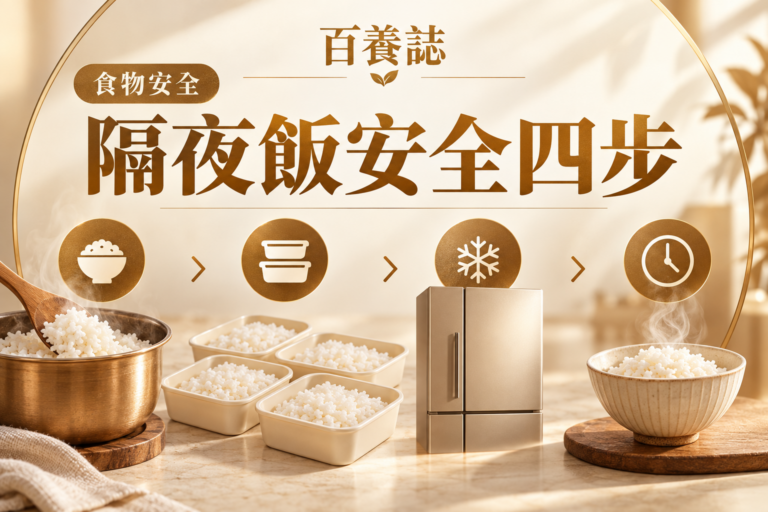 金銅啡米白熟飯分淺盒、雪櫃、時鐘與翻熱飯碗封面，文字為食物安全、隔夜飯安全四步、百養誌