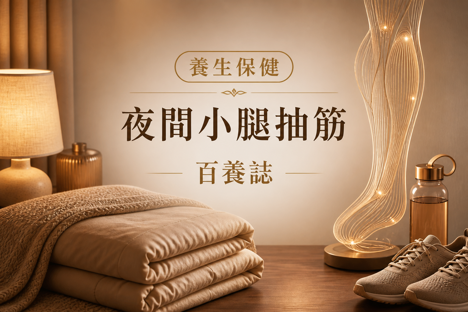 金銅啡米白色床邊暖燈、被子、運動鞋、水杯與抽象小腿肌肉線條封面，文字為養生保健、夜間小腿抽筋、百養誌