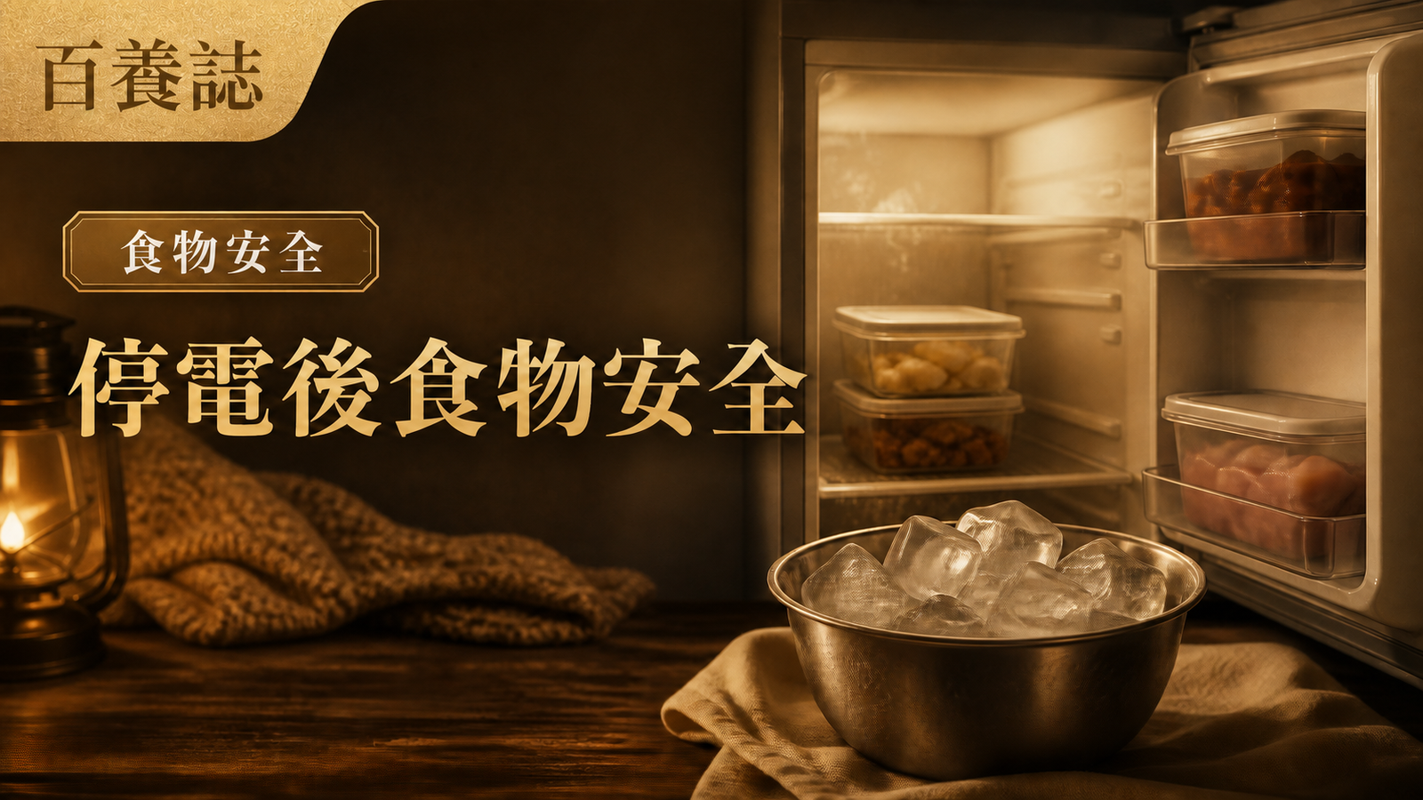金銅啡米白停電雪櫃、食物容器與冰塊封面，文字為百養誌、食物安全、停電後食物安全