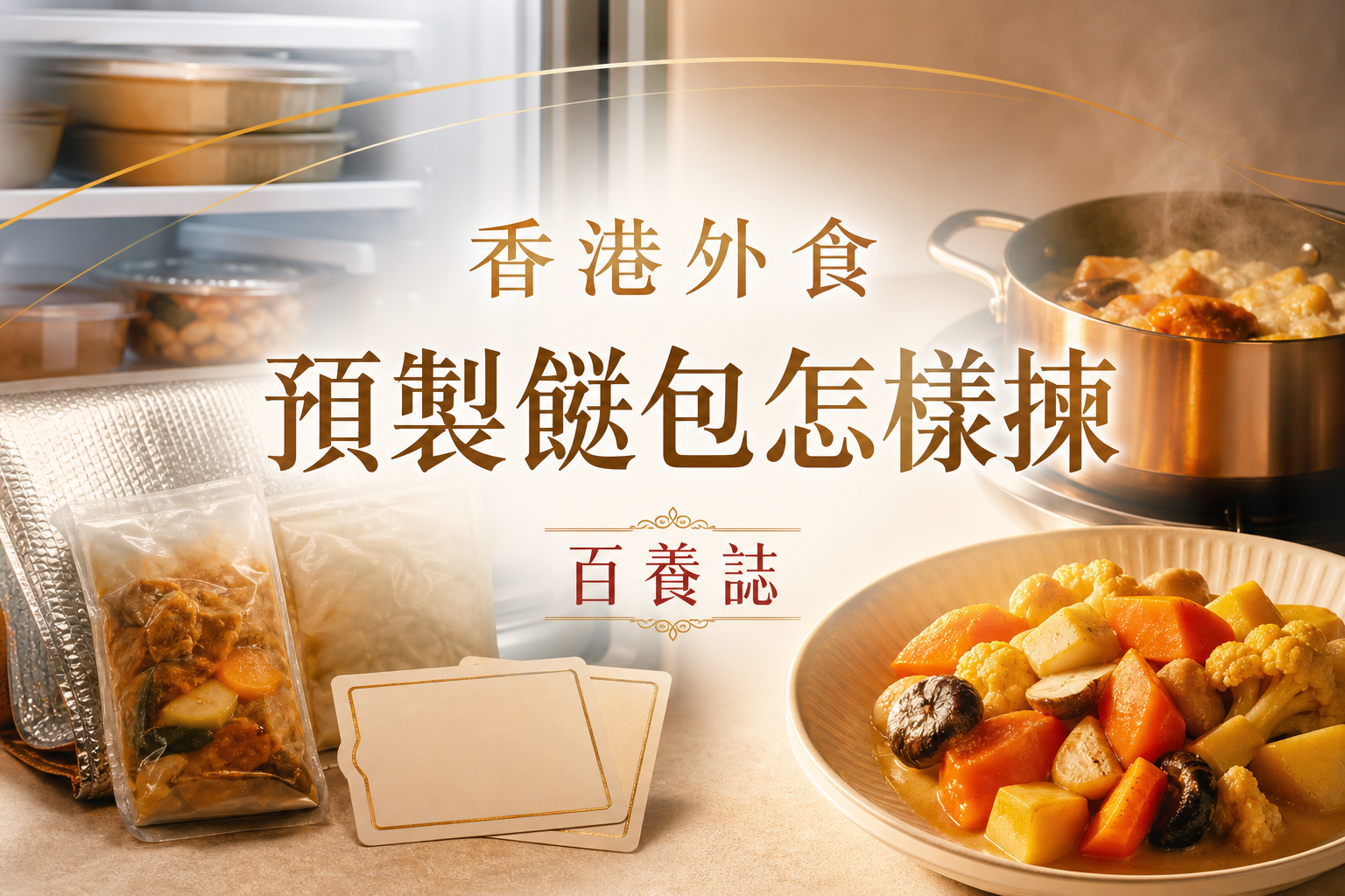 金銅啡米白預製餸包、雪櫃、保冷袋與翻熱菜式封面，文字為香港外食、預製餸包怎樣揀、百養誌