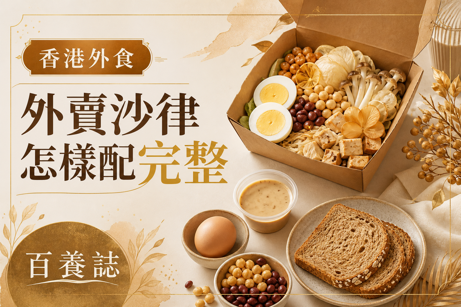 金銅啡米白色外賣沙律盒、蛋、豆類、豆腐、醬汁和全穀麵包封面，文字為香港外食、外賣沙律怎樣配完整、百養誌