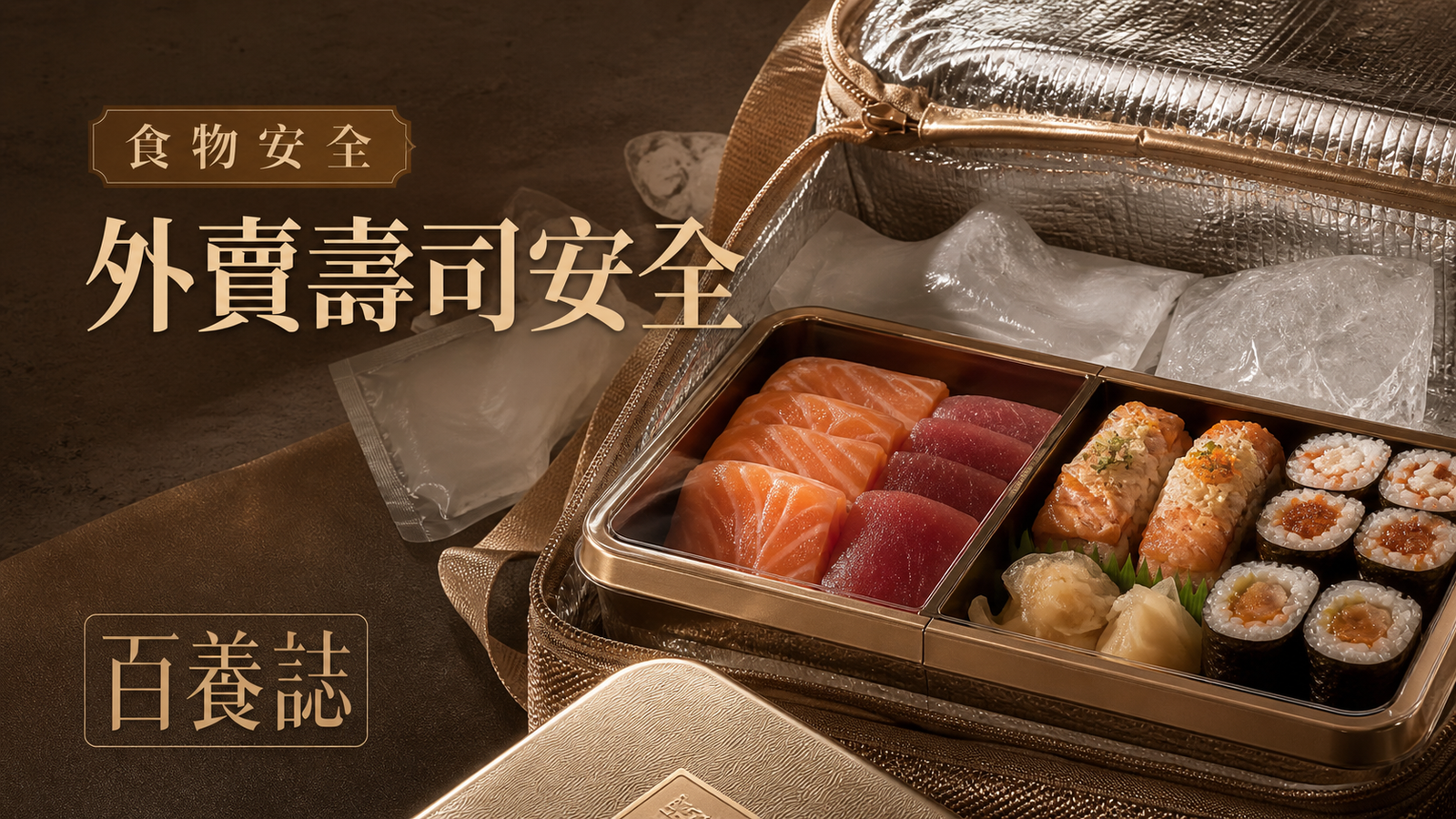 金銅啡米白外賣壽司盒、保冷袋、冰種與生熟壽司分隔封面，文字為食物安全、外賣壽司安全、百養誌