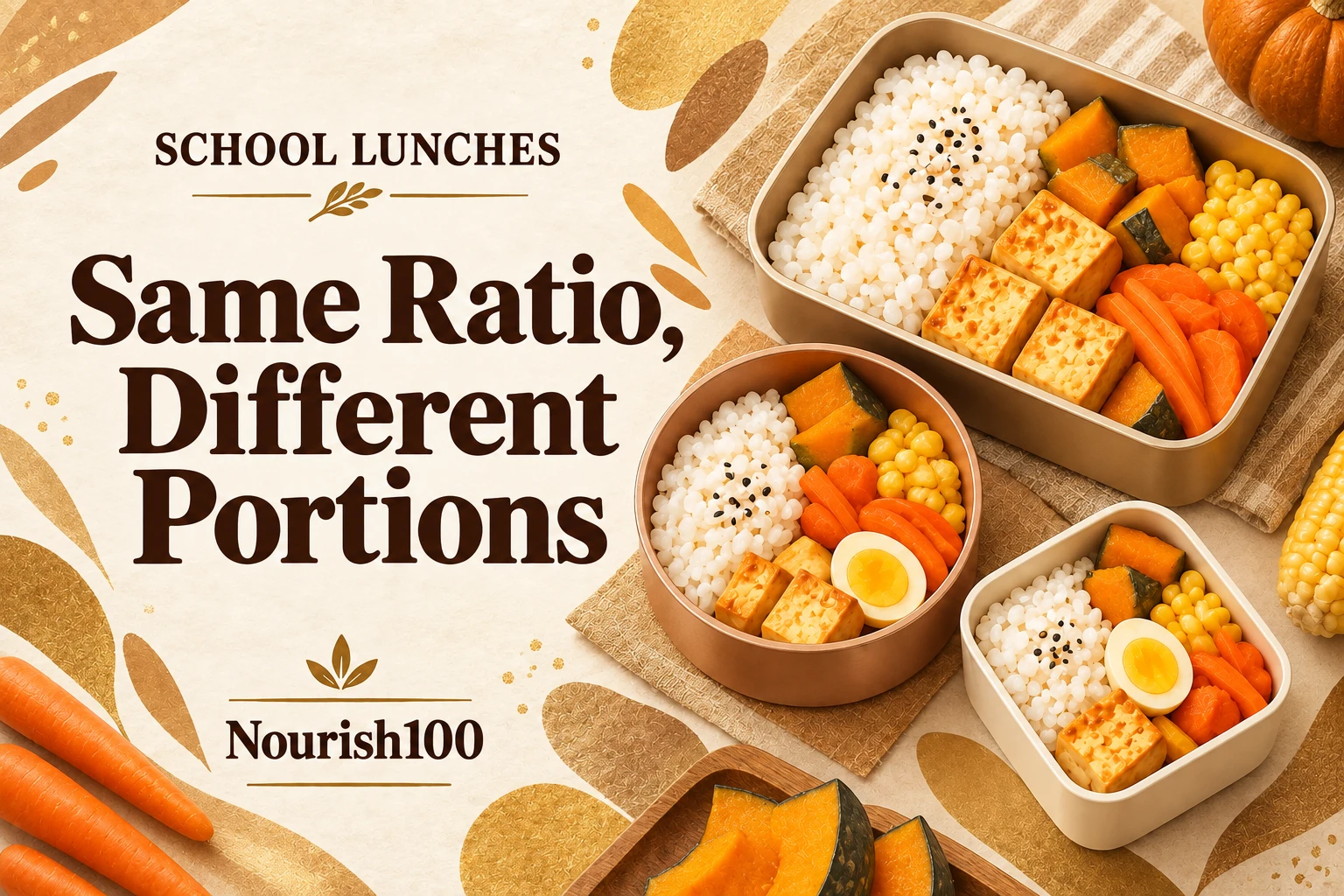 Gold, copper and cream lunch boxes with rice, vegetables, tofu and eggs; an illustration, not a precise guide to portions or proportions.