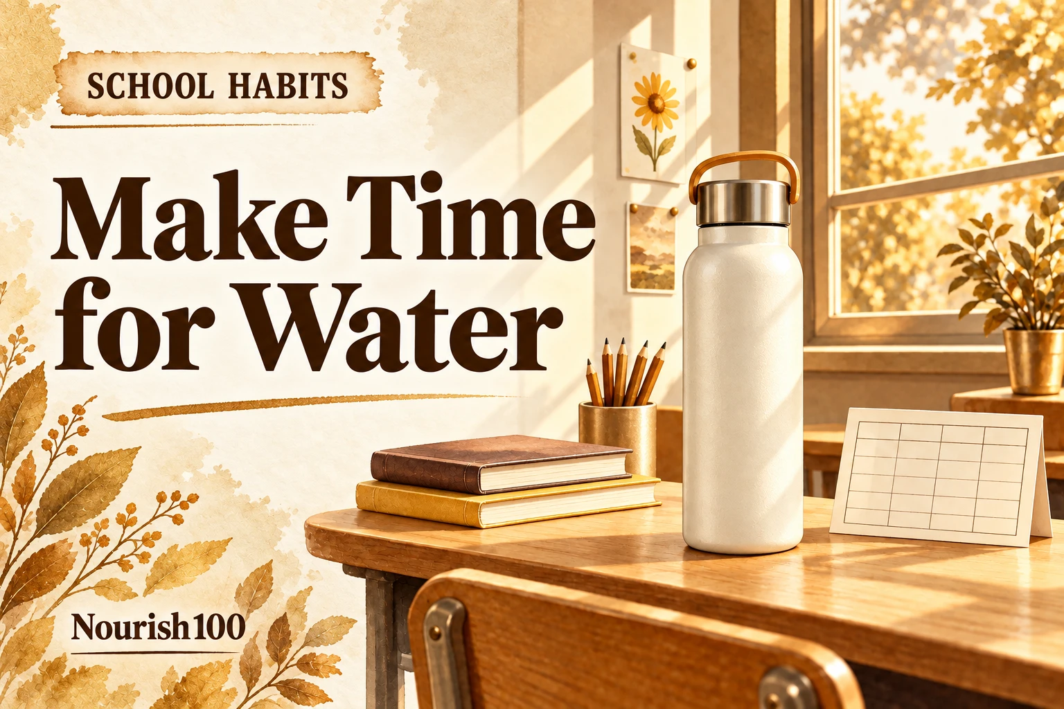 A copper-gold water bottle, cream textbooks and a blank timetable illustrate opportunities to drink during the school day.