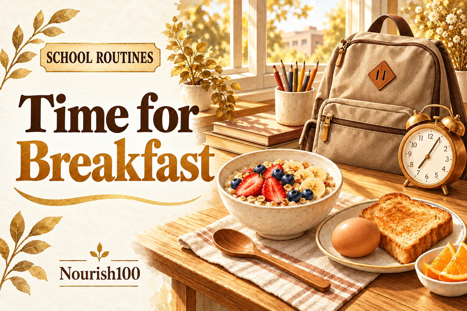 A warm brown school bag, copper clock, cereal with fruit, and toast with eggs illustrate planning breakfast before school.