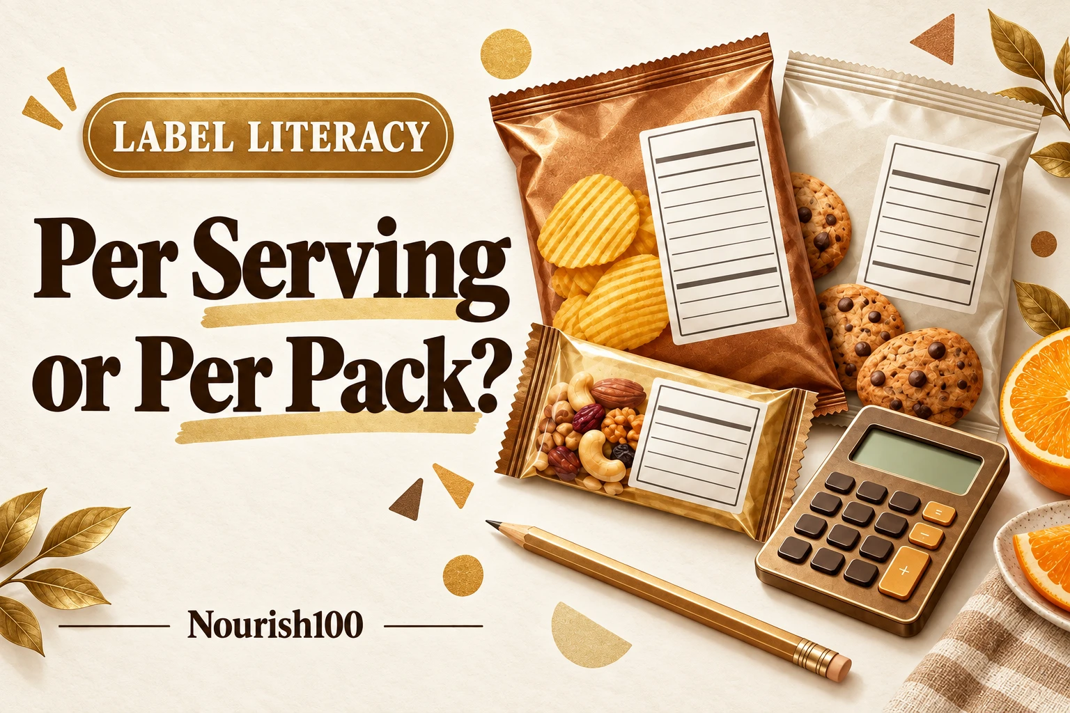 Unbranded gold-earth packs beside a copper calculator; the packaging contains no real nutrition data and illustrates label-reading concepts only.