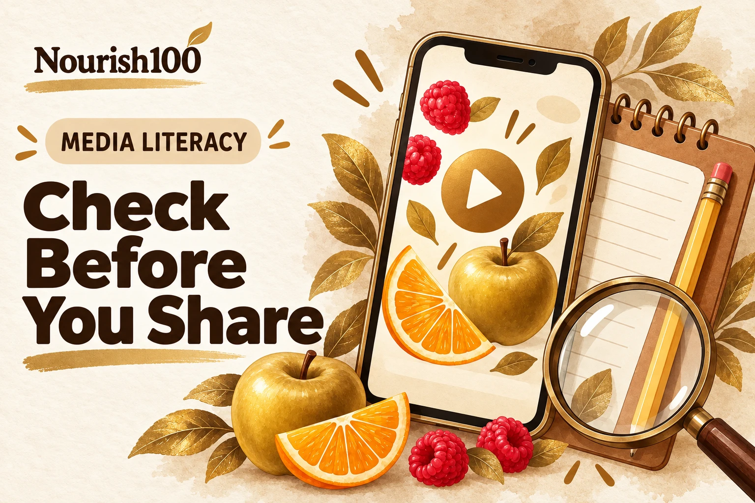 A copper-gold phone with a play icon, cream notebook and brown magnifying glass illustrate checking online nutrition information.