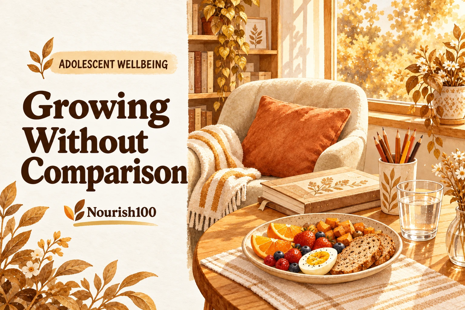 A warm brown chair, copper cushion, cream books, food and drinking water illustrate everyday care without comparing bodies.