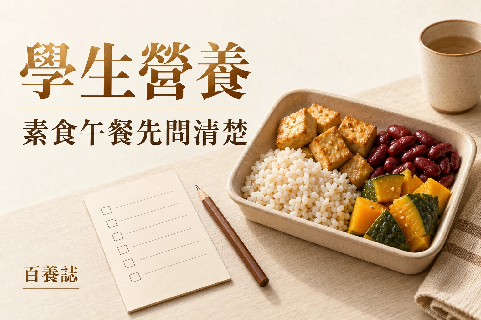 米飯、豆腐、紅腰豆和南瓜分放在午餐盤，旁邊是沒有個人資料的點餐清單。