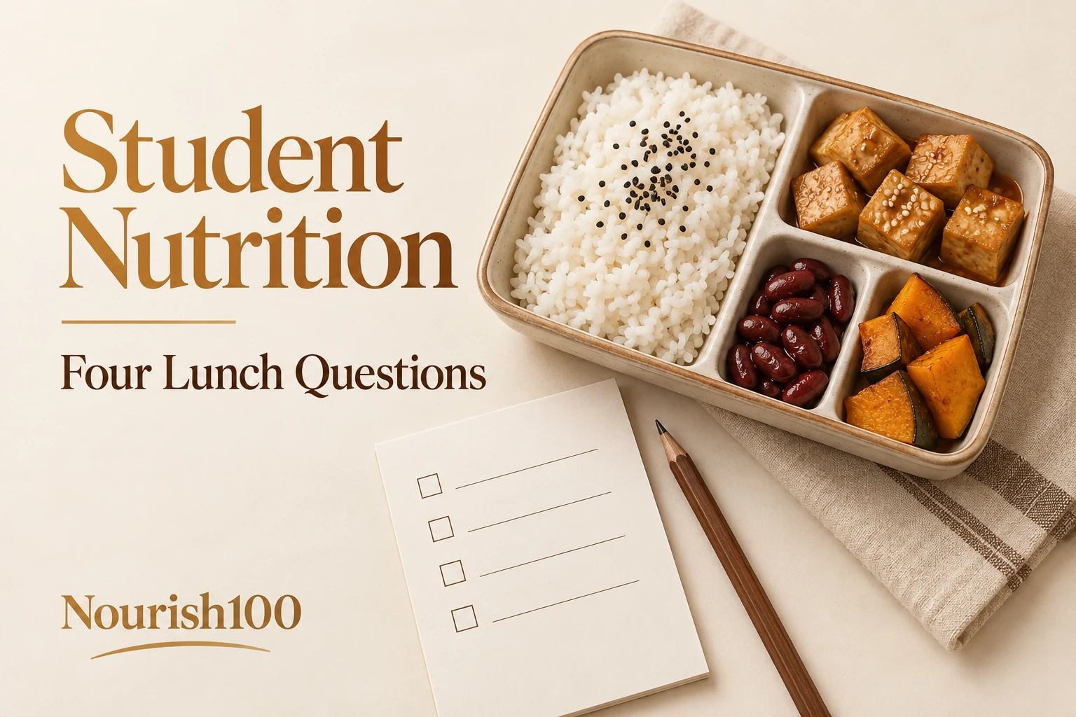 Rice, tofu, kidney beans and pumpkin in a lunch tray beside an order checklist without personal information.