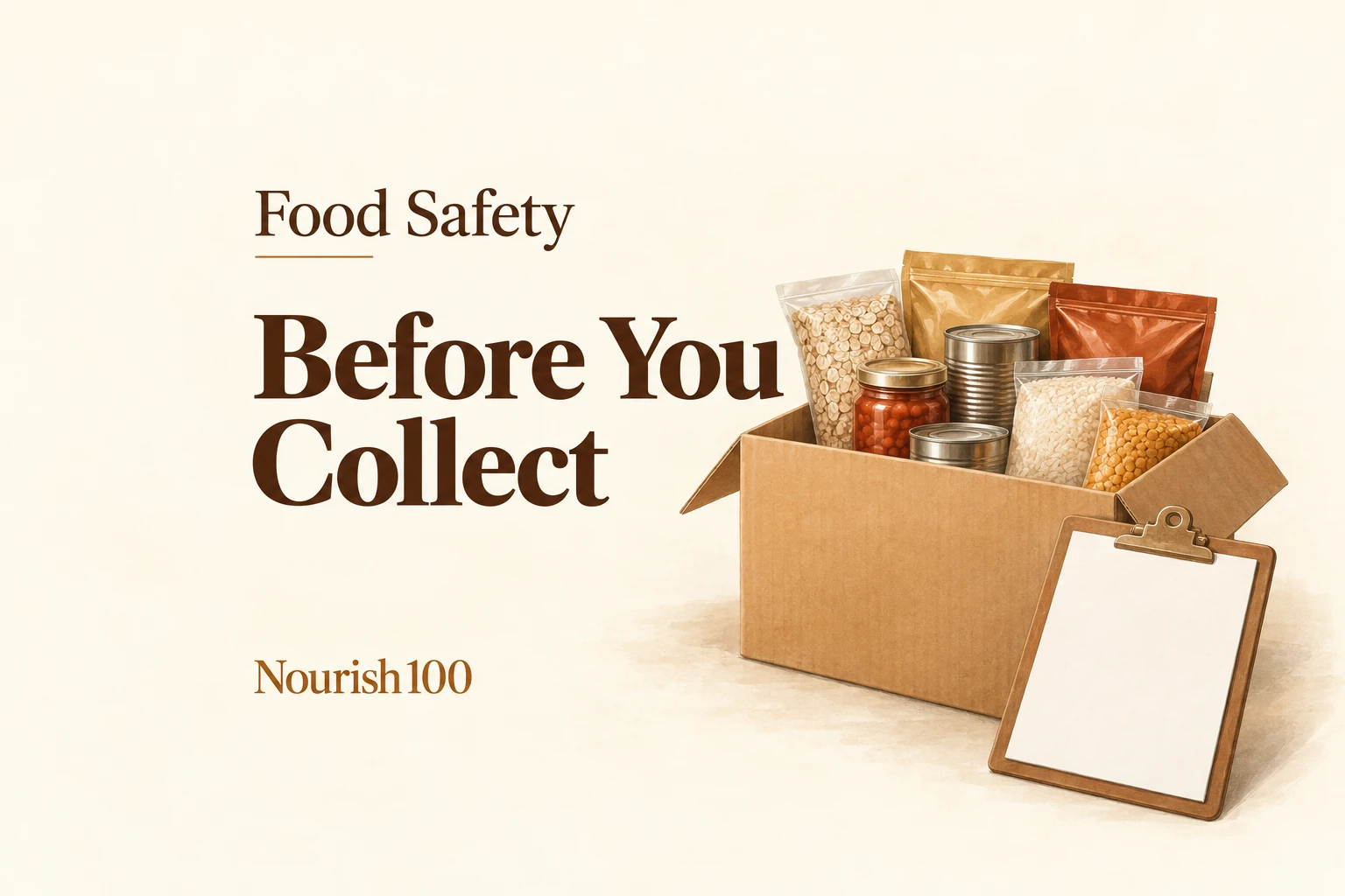 Editorial illustration of unopened food packs, a cardboard collection box and a blank checklist on a warm cream table.
