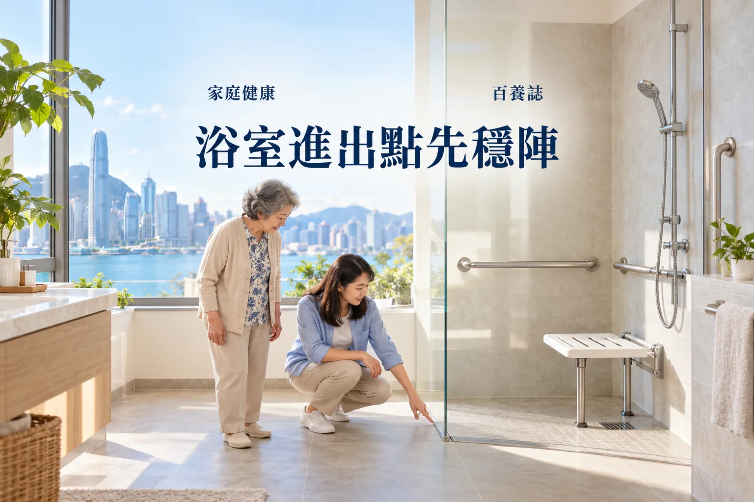 百養誌浴室進出點先穩陣的自然彩色健康教育情境封面；沒有個人診斷或治療結果。